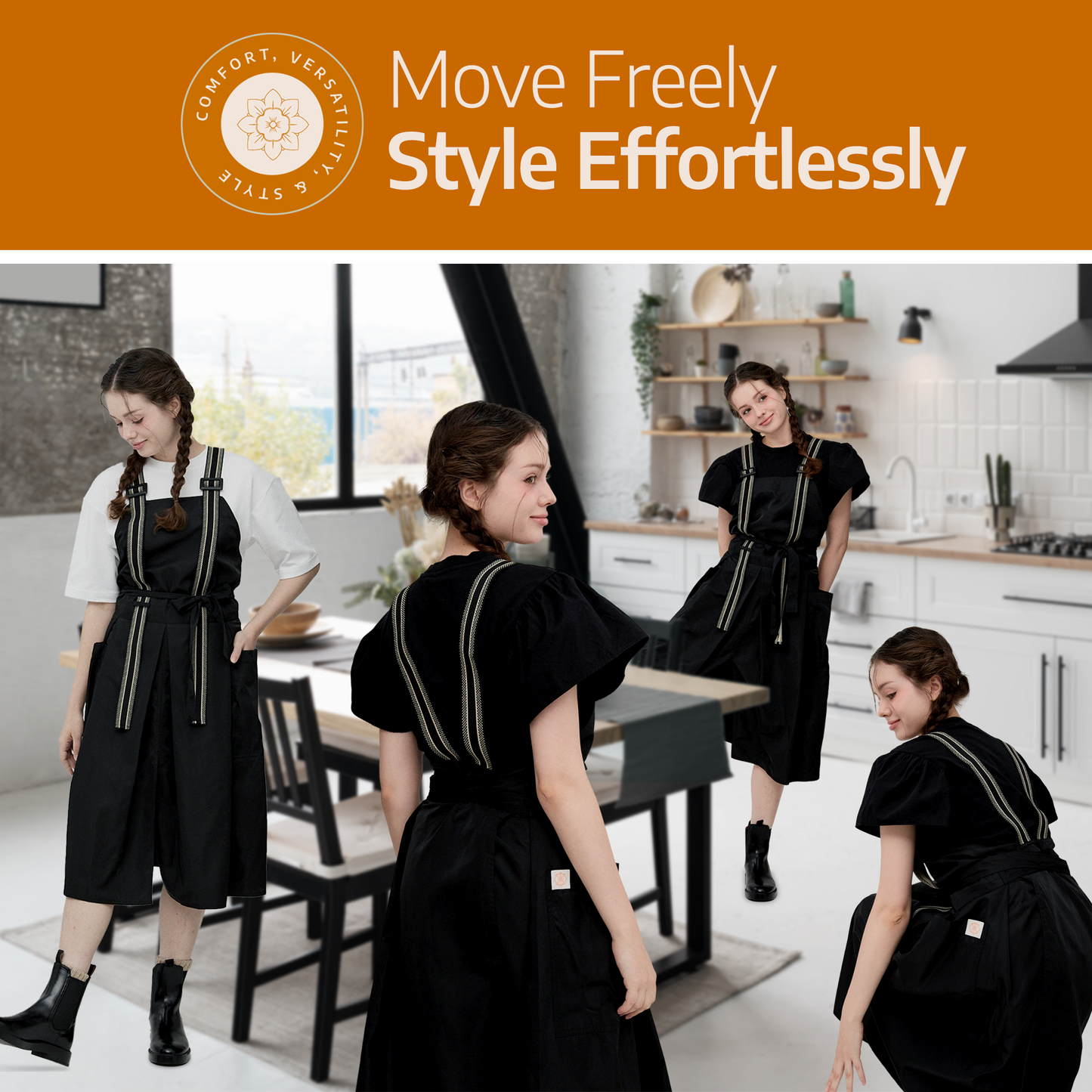 Apron for Nail Techs, Hairstylists, Barbers, Artists - 360 Full Coverage with Elastic Straps Black