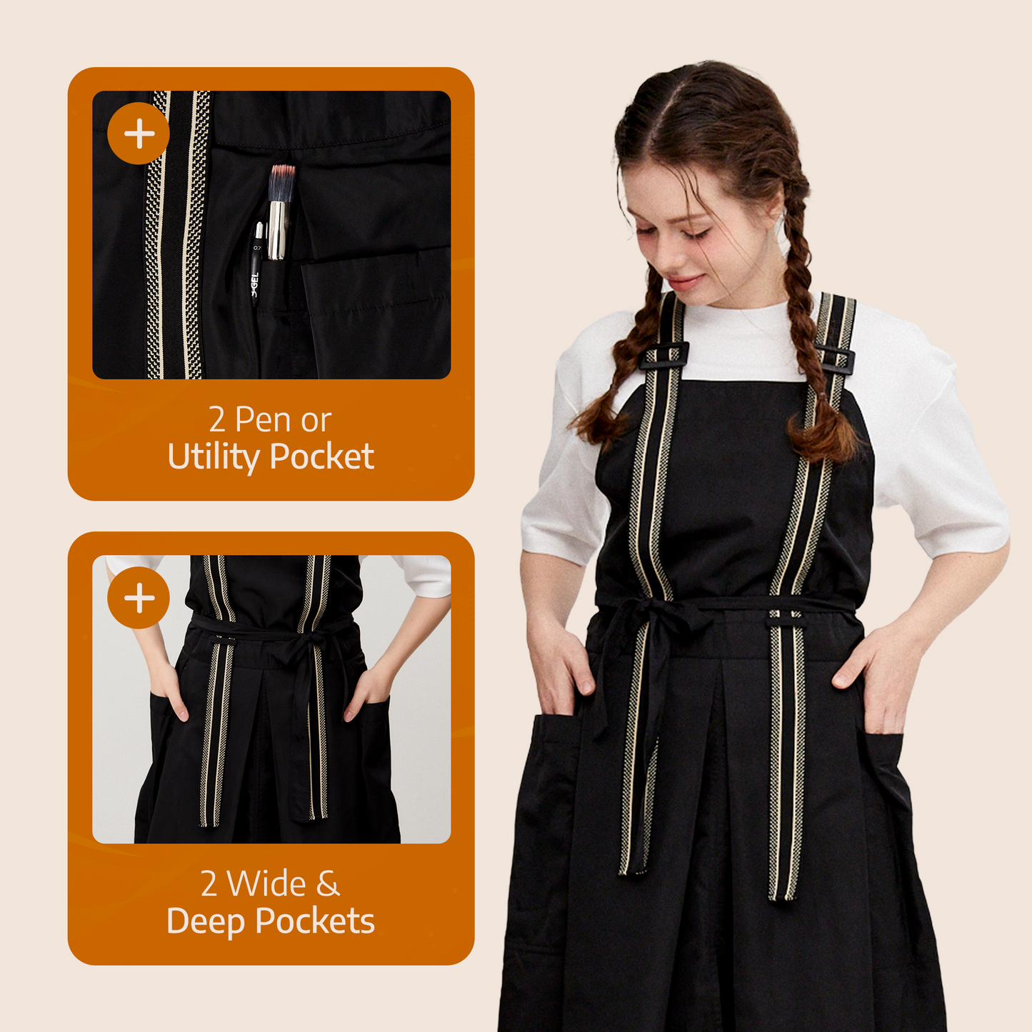 Apron for Nail Techs, Hairstylists, Barbers, Artists - 360 Full Coverage with Elastic Straps Black