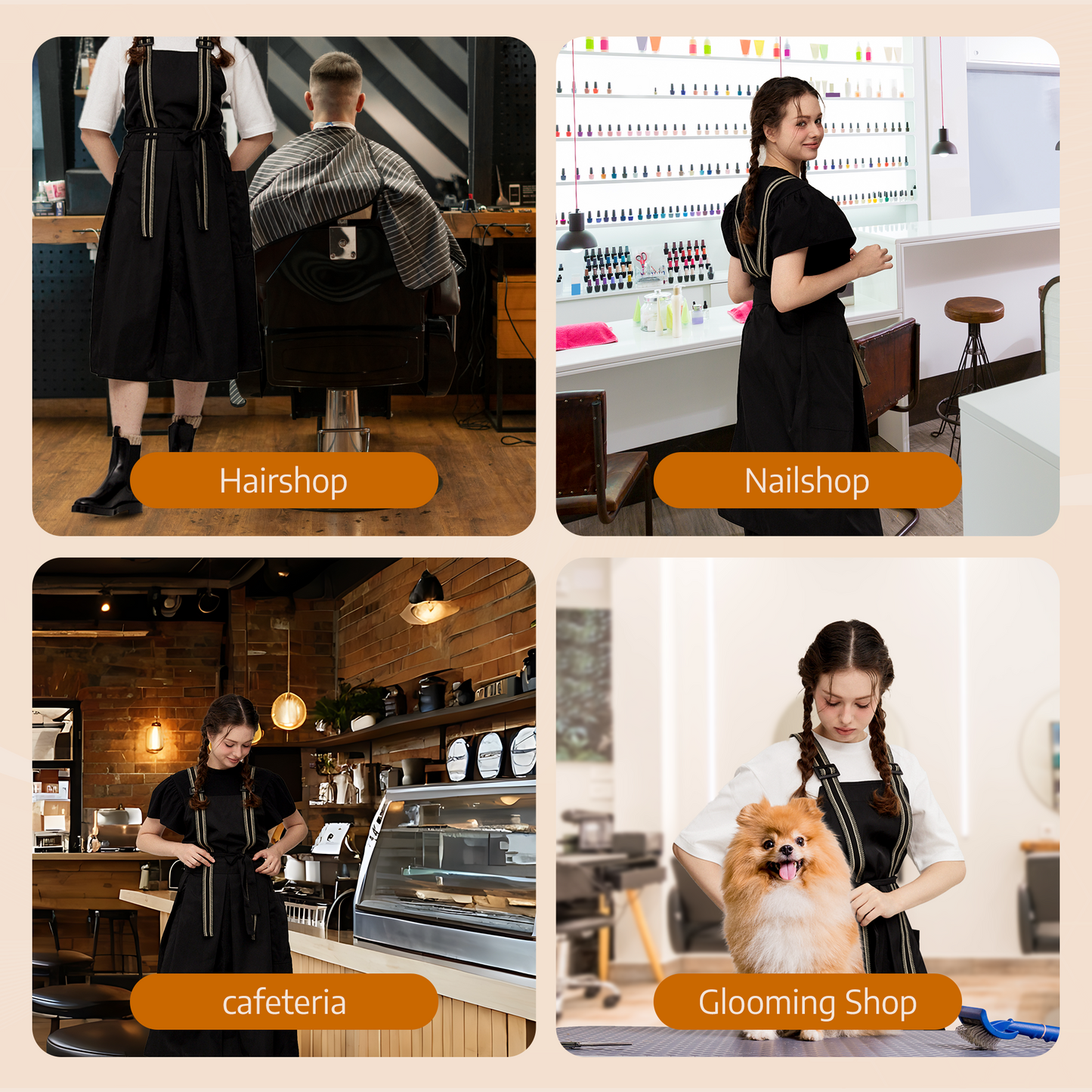 Apron for Nail Techs, Hairstylists, Barbers, Artists - 360 Full Coverage with Elastic Straps Black