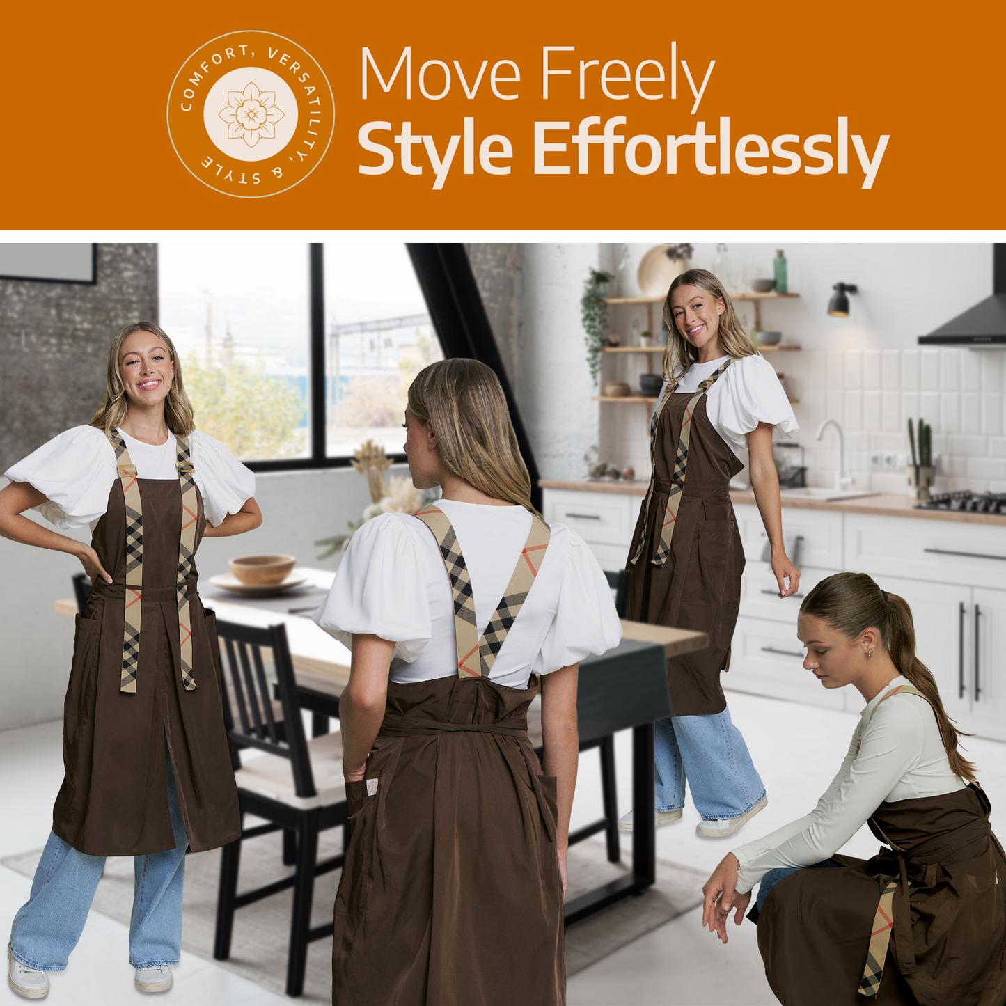 Apron for Nail Techs, Hairstylists, Barbers, Artists - 360 Full Coverage with Elastic Straps Brown
