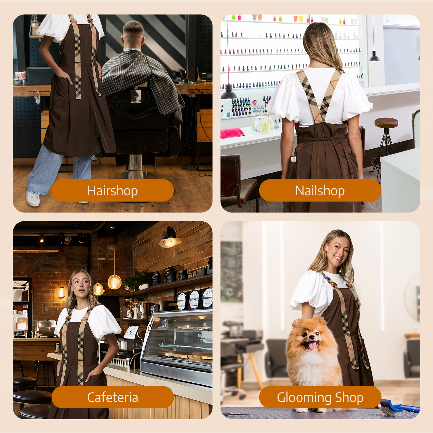 Apron for Nail Techs, Hairstylists, Barbers, Artists - 360 Full Coverage with Elastic Straps Brown