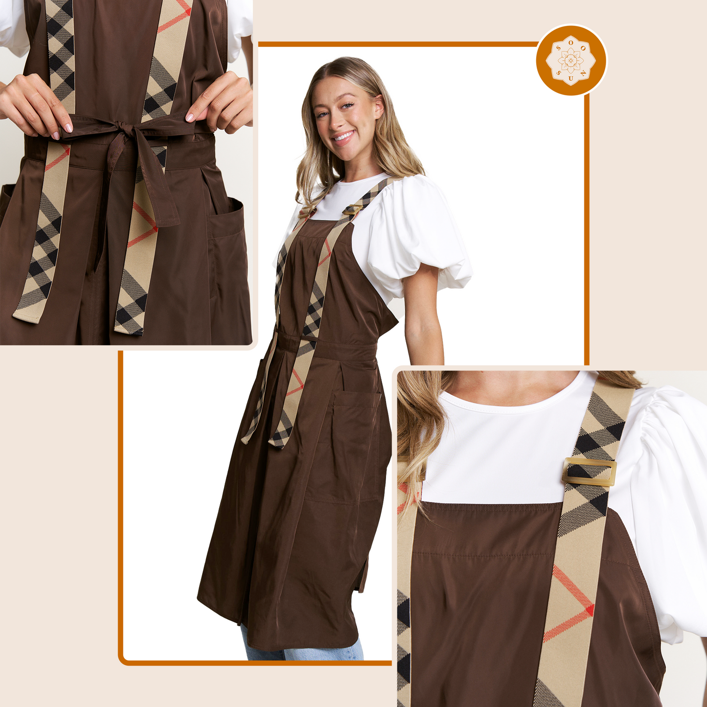 Apron for Nail Techs, Hairstylists, Barbers, Artists - 360 Full Coverage with Elastic Straps Brown